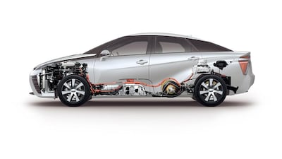 Toyota's Mirai has an electric motor over the front wheels, fuel cell under the front seats and a high pressure hydrogen tank beneath the rears. Courtesy Toyota