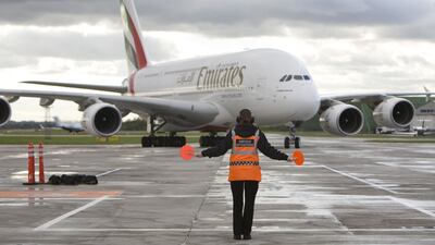 An Emirates Airline Airbus A380 arrives at Manchester airport in northern England. Bloomberg