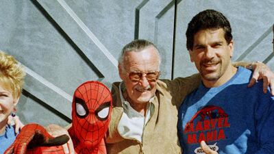Stan Lee poses with one of his characters 'Spider-Man' and actor Lou Ferrigno who portrayed 'The Incredible Hulk', in Los Angeles in 1998. Reuters
