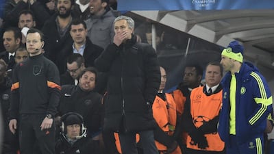 Chelsea manager Jose Mourinho reacts during his side's 2-2 draw with Paris Saint-Germain on Wednesday night, ensuring his side would exit the Champions League on away goals. Toby Melville / Reuters / March 11, 2015