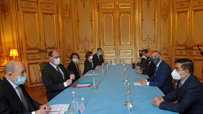 French Prime Minister Jean Castex and Iraqi Prime Minister Mustafa al-Kadhimi sit for talks in Paris, France. EPA