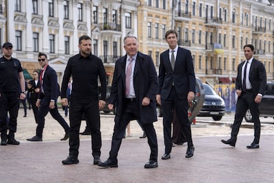 From left, Ukraine President Volodymyr Zelenskyy, Steve Witkoff and Jared Kushner arrive for meetings in Kyiv. Bloomberg