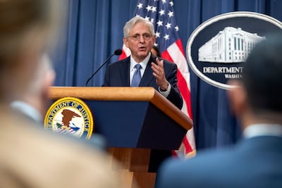 US Attorney General Merrick Garland announcing the latest lawsuit against Visa at the Department of Justice on Tuesday. AP