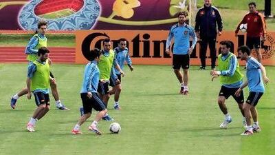 Spain's head coach Vicente del Bosque, second from the right at the top, keeps a watchful eye on his players during a training on the eve of the Euro 2012 Group C match with Croatia.