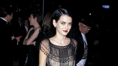 Winona Ryder wears a vintage beaded dress to the Vanity Fair Oscars party on March 24, 1997. Getty