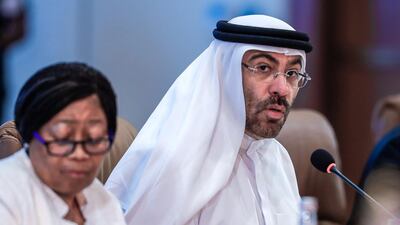 Minister of State Ahmed Ali Al Sayegh speaks at the Indian Ocean Rim Association meeting in Abu Dhabi on Thursday. Victor Besa / The National
