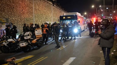 The bus that ran over ultra-Orthodox Jewish men at the protest on Tuesday. AFP