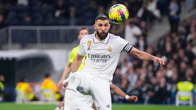 Real Madrid's Karim Benzema watches the ball during Spanish La Liga soccer match between Real Madrid and Elche CF at the Santiago Bernabeu stadium in Madrid, Spain, Wednesday, Feb. 15, 2023. (AP Photo / Manu Fernandez)