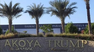 The Akoya by Damac Trump International Golf Club signboard. The Trump signage was removed here last week before returning. Reuters