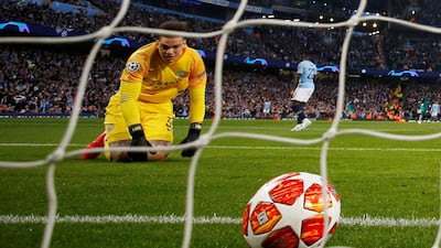 Manchester City's Ederson reacts after conceding a goal scored by Tottenham's Son Heung-min. Reuters