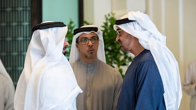 Sheikh Mohamed with Sheikh Saif bin Zayed, Deputy Prime Minister and Minister of Interior and Sheikh Mansour bin Zayed, Vice President, Deputy Prime Minister and Chairman of the Presidential Court, at Al Shati Palace. UAE Presidential Court