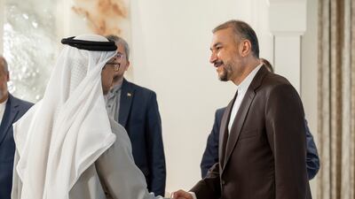 Mr Amirabdollahian is greeted by Sheikh Mansour bin Zayed, Vice President, Deputy Prime Minister and Minister of the Presidential Court.