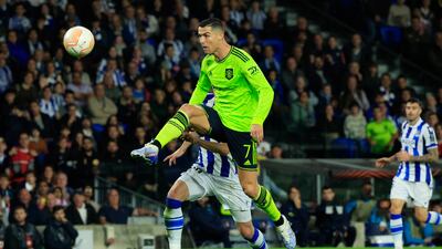 United's Cristiano Ronaldo misses a chance in the first half. Reuters