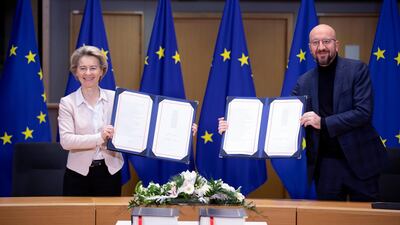 Ursula von der Leyen and Charles Michel attend a Brexit signature ceremony on December 30, 2020, in Brussels, after an agreement was reached. Getty Images