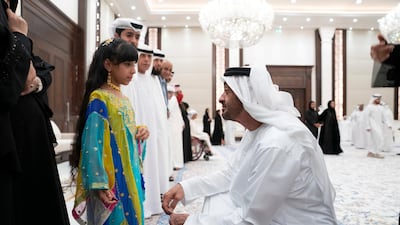 Sheikh Mohamed bin Zayed receives members of Adheedak group during an iftar reception at Al Bateen Palace. Eissa Al Hammadi for the Ministry of Presidential Affairs