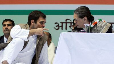 The Congress party vice president, Rahul Gandhi, talks to his mother and party president Sonia Gandhi during an All India Congress Committee meeting in New Delhi on January 17. EPA