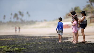Tourists are seen near an oil spill on 'Sitio do Conde' beach in Conde, Bahia state, Brazil. REUTERS/Adriano Machado