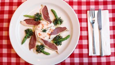 May 3, 2010 / Abu Dhabi / (Rich-Joseph Facun / The National) The The Goat Cheese Mousse with smoked duck breast, asparagus and virgin sauce, photographed at Le Beaujolais Restaurant located in the Novotel Centre Hotel, Monday, May 3, 2010 in Abu Dhabi. CREDIT: The National