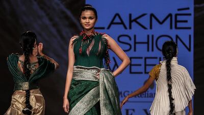 Models present creations by Vaishali S during Lakme Fashion Week summer/resort 2020 in Mumbai, India, on February 12, 2020. EPA