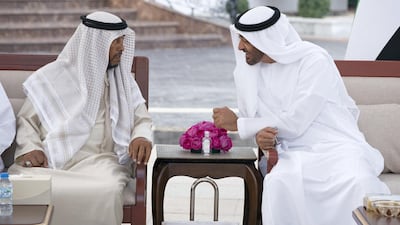 Sheikh Mohamed bin Zayed speaks with Sheikh Sultan during a Sea Palace barza. Hamad Al Kaabi / Crown Prince Court - Abu Dhabi