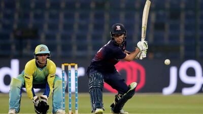 Aces' Graeme Beghin bats in the game between Auckland Aces and the Boost Defenders in the Abu Dhabi T20 competition.