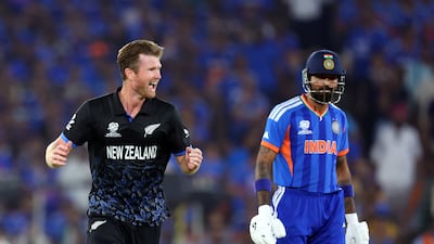 New Zealand bowler Jimmy Neesham celebrates taking the wicket of Suryakumar Yadav of India. Getty Images