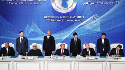 Leaders of Azerbaijan, Iran, Kazakhstan, Russia and Turkmenistan attend signing ceremony of 5th Caspian Summit in Aktau. AFP