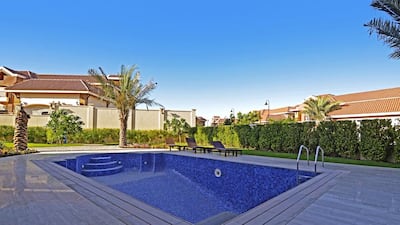 The temperature-controlled private swimming pool in one of the villas at Jumeirah Islands’ Mansions in Dubai. Courtesy Better Homes