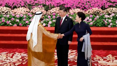 Sheikh Mohammed bin Rashid greets Chinese President Xi Jinping and his wife Peng Liyuan at the Great Hall of the People in Beijing during the Belt and Road initiative. Jason Lee - Pool / Getty Images