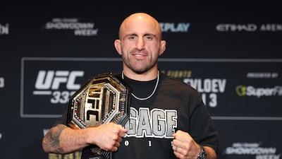 UFC featherweight champion Alexander Volkanovski can surpass Jose Aldo with nine title wins in the division if he beats Movsar Evloev. Chris Whiteoak / The National