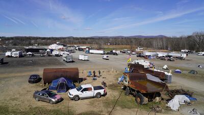 An aerial view of the remnants of the People's Convoy at Hagerstown Speedway.