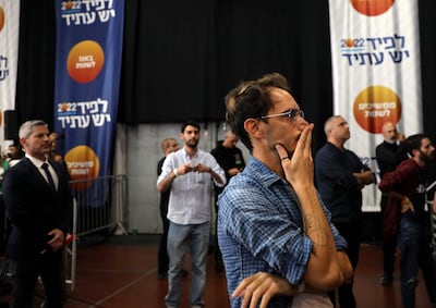 Supporters of Israeli Prime Minister Yair Lapid react as they follow the election results at the party's campaign headquarters. AFP