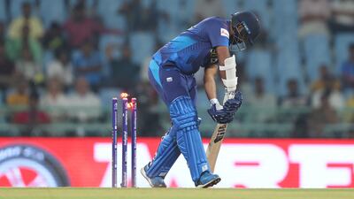 Lahiru Kumara of Sri Lanka is bowled by Mitchell Starc of Australia. Getty