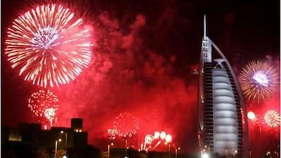 Fireworks display near the Burj Al Arab hotel on Jan 1 2008 to welcome the New Year in Dubai. This year, Sheikh Mohammed bin Rashid, Vice President and Prime Minister of the UAE and Ruler of Dubai, has ordered a cancellation of all New Year celebrations.