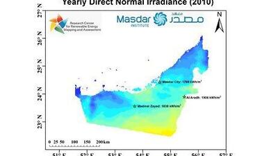 Yearly Direct Normal Irradiance (2010). The Masdar Institute has launched a solar energy atlas that interprets the topography and climatic conditions in the UAE in terms of the viability for solar projects. Masdar Institute