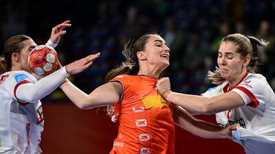 Larissa Nuesser of the Netherlands in action against Denmark during the Euro 2024 handball tournament in Vienna. EPA