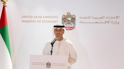 Ahmad Al Falasi, Minister of State for Entrepreneurship and SMEs, speaks at a media briefing on the new industrial property and patents law. Photo: Ministry of Economy