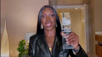 Michaela Coel accepts the award for Best Ensemble Cast in a New Scripted Series for 'I May Destroy You' in this screen grab from the 36th annual Film Independent Spirit Awards in Los Angeles on April 22. Reuters
