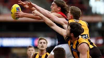 Luke Jackson of the Demons competes for the ball during the round 7 AFL match between the Hawthorn Hawks and the Melbourne Demons at Giants Stadium in Sydney, Australia. Getty Images
