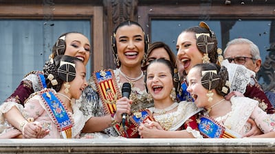 Queen of the Fallas Festival Carmen Prades, centre, orders the start of the daily pyrotechnic show, as part of the Fallas fiestas in Spain. EPA
