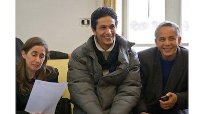 Wissem Sghaier, centre, participates in a meeting at the offices of the Progressive Democratic Party in the centre of Tunis last week.