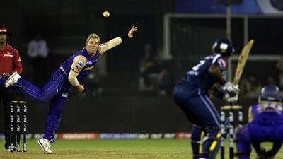 The Rajasthan Royals' captain, Shane Warne, flights a delivery during last night's match against Deccan Chargers.