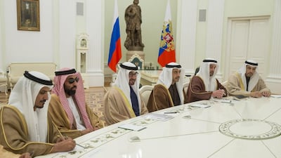 The Abu Dhabi Crown Prince meets with the Russian president (not shown), at Kremlin Palace, during an official visit to Russia. Seen with Ali Al Shamsi, Deputy Secretary-General of the Supreme National Security Council, Sheikh Tahnoon bin Zayed, National Security Advisor, Sheikh Abdullah bin Zayed, Minister of Foreign Affairs and International Cooperation, Omar Ghobash, Ambassador to Russia and Khaldoon Al Mubarak, chief executive and Managing Director of Mubadala and Chairman of the Abu Dhabi Executive Affairs Authority (EAA). Mohamed Al Hammadi / Crown Prince Court - Abu Dhabi
