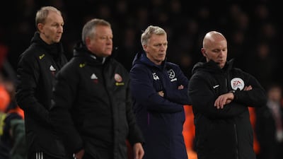 West Ham United's Scottish manager David Moyes (2R) reacts after a late West Ham equaliser was ruled out by VAR. AFP