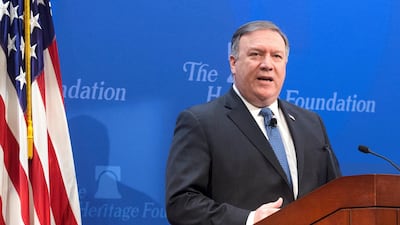 US Secretary of State Mike Pompeo speaks at the Heritage Foundation in Washington on May 21, 2018. Delivering his first major policy speech since taking up his post, Mr Pompeo listed 12 conditions for the US to enter into a new nuclear deal with Iran. Michael Reynolds / EPA