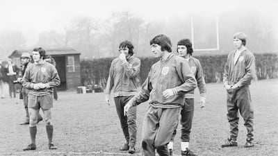 England squad training at Roehampton in January 1973. John Richards, centre, has a shot and is watched by John Hollins, left, Peter Storey, Kevin Keegan and Colin Bell. Getty
