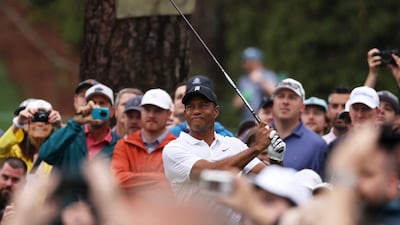 Golf - The Masters - Augusta National Golf Club - Augusta, Georgia, U. S. - April 6, 2022 Tiger Woods of the U. S. reacts after he tees off on the 17th during a practice round REUTERS / Mike Blake
