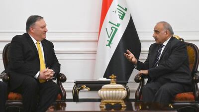 US Secretary of State Mike Pompeo, left, meets Iraqi Prime Minister Adel Abdul Mahdi, in Baghdad. AP