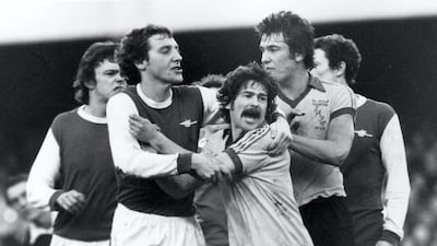 The start of the run: Arsenal's Sammy Nelson holds back Bobby Kerr of Sunderland (centre) to prevent him clashing with Wilf Rostron. Rostron has just punched Bobby Kerr in the face, also pictured Bob Lee, Sunderland's £200,000 buy from Leicester City, on the right. Final score: Arsenal 0-0 Sunderland, February 5, 1977. Getty