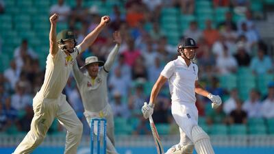 England’s Alastair Cook walks off after being caught by Australia’s Adam Voges, left, during Day 3 of the fifth Test. Stu Forster / Getty Images